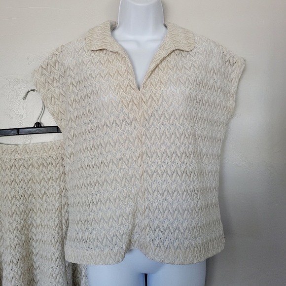Alfred Weber Vintage Women's Two Piece Blouse Maxi Skirt Set Beige White Knit M - Picture 9 of 12